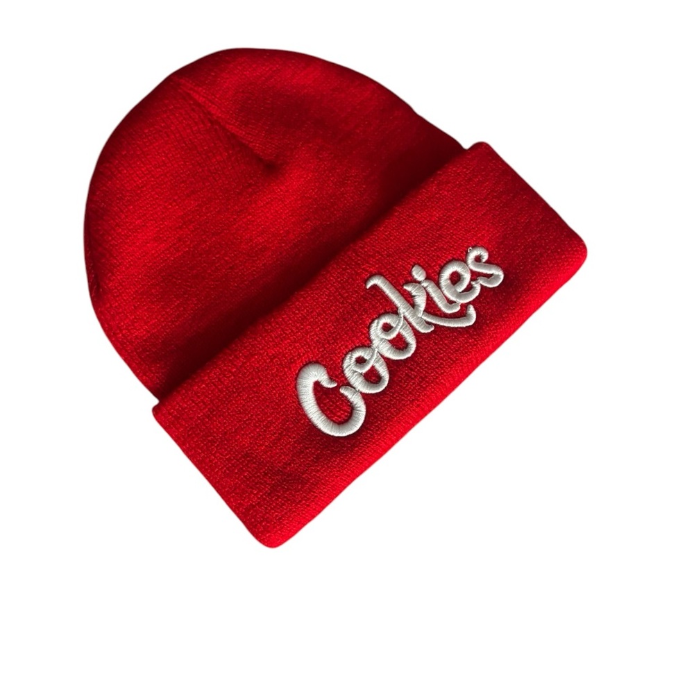 Red Knit Hat with Folded Cuff and Text